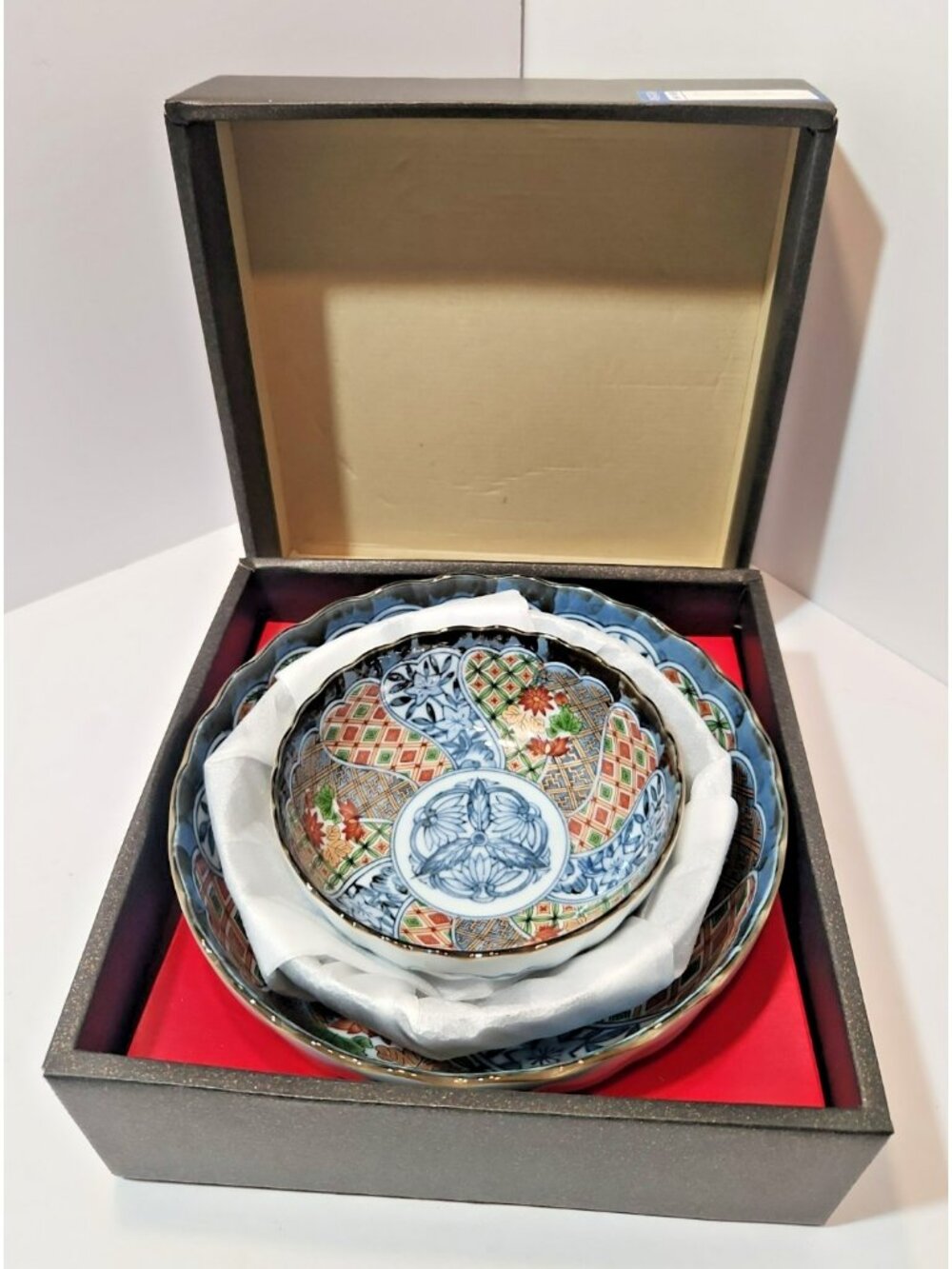 Vtg Japanese Arita Gozan Kiln Nesting Bowl Set Imari Nejishozui Gold Fine Cerami